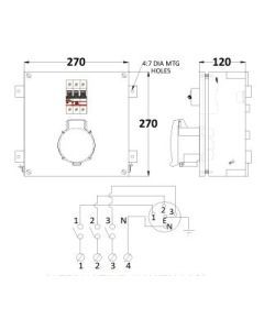 FRP Plug Socket Box 270X270X120MM With 63A 3 Pole BCH Socket & Switch On/Off Switch HZ36